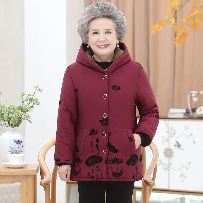 

2022 Women Autumn Winter Print Jackets Grandmother Velvet Warm Hooded Parkas Thicken Middle-Aged Mother Cotton Padded Coats F13