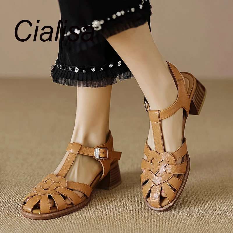 

Босоножки Cialisa женские из натуральной кожи, винтажные сандалии с круглым носком, ремешок с пряжкой, повседневная обувь ручной работы на среднем каблуке, лето 2023