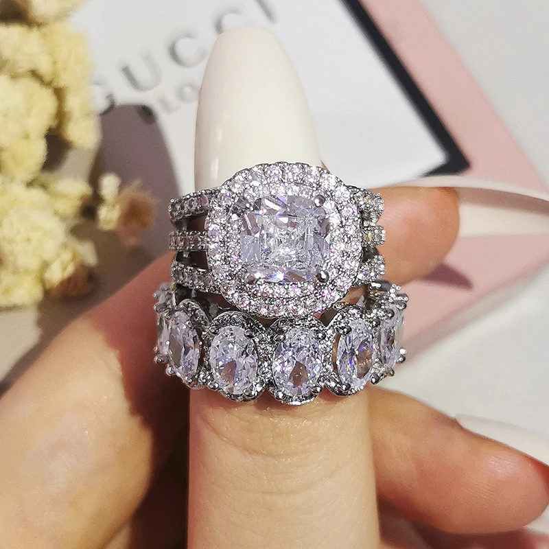 

Luxury Green Silver Color Cushion Wedding Engagement Rings Ring Sets for Women Finger Pure Personalized Jewelry R5847S