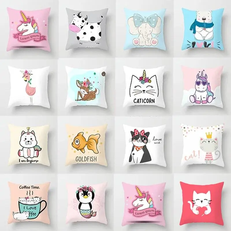 

45x45cm Flamingo Cute Unicorn Cushion Cover Cartoon Animal Cat Pillowcase Elephant Unicorn Decorative Polyester Pillowcase