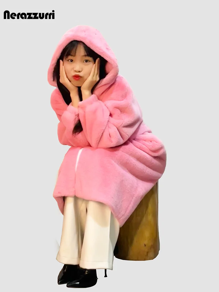 

Nerazzurri Winter Long Oversized Pink Fluffy Thick Warm Faux Rex Rabbit Fur Coat Women with Hood Loose Casual Korean