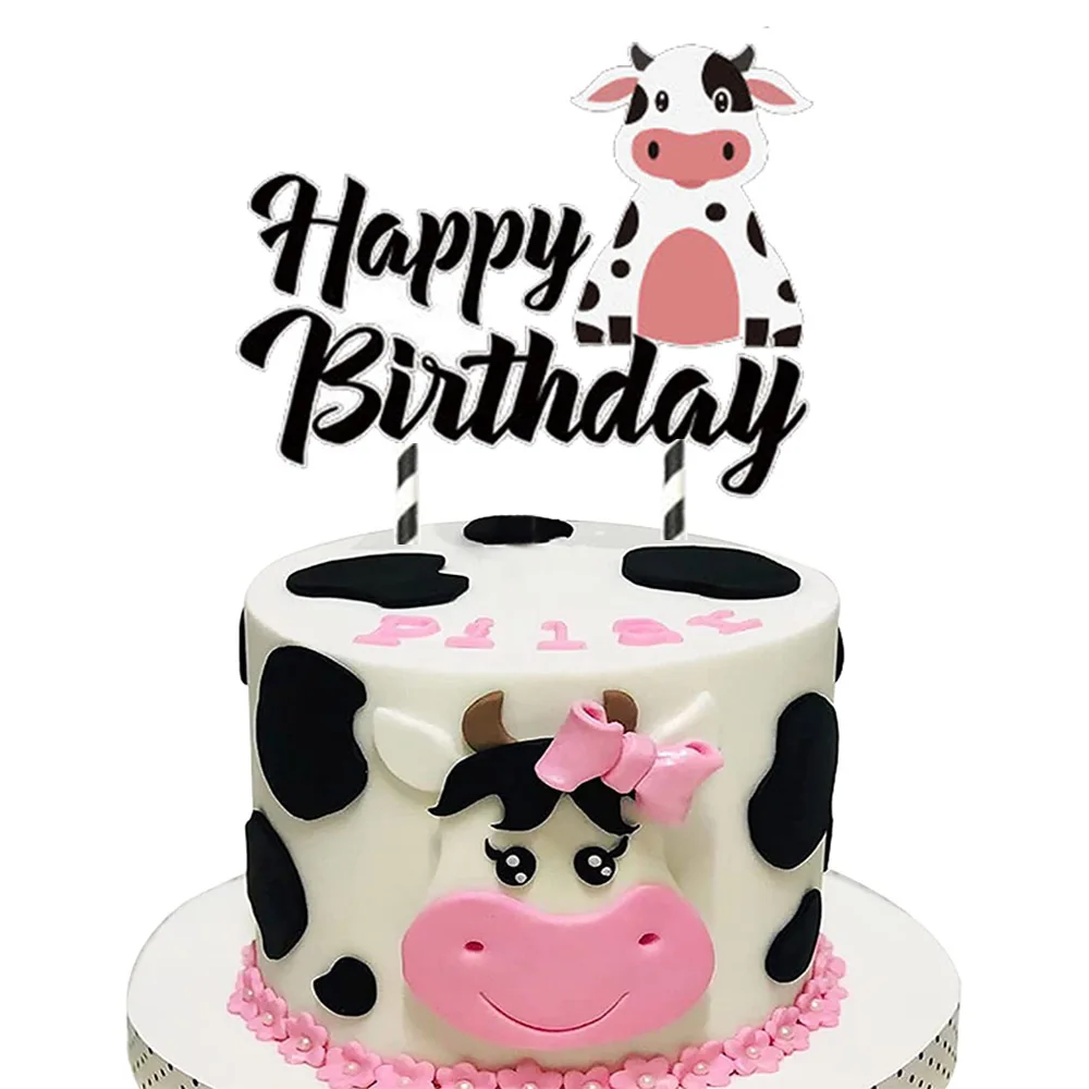 Cow Happy Birthday Cake Topper Farm Animal Birthday Cow Cake Pick Decoration for Cow Theme Baby Shower Kids Birthday Party Decor