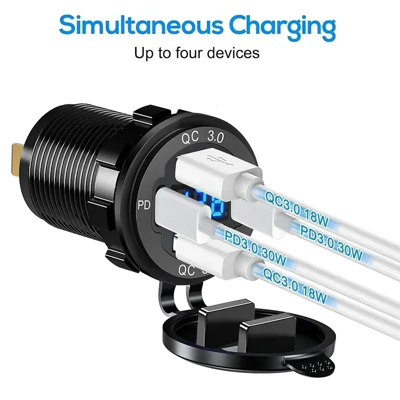 Фото НОВОЕ 83 Вт Dual PD Dual QC 3.0 USB Автомобильное зарядное устройство с розеткой вольтметра Водонепроницаемый адаптер для 12 В/24 В автомобиля Лодка Лидер продаж №2
