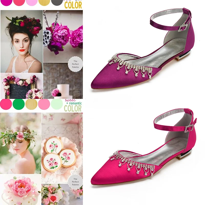 Женские атласные туфли на плоской подошве с ремешком щиколотке и острым носком