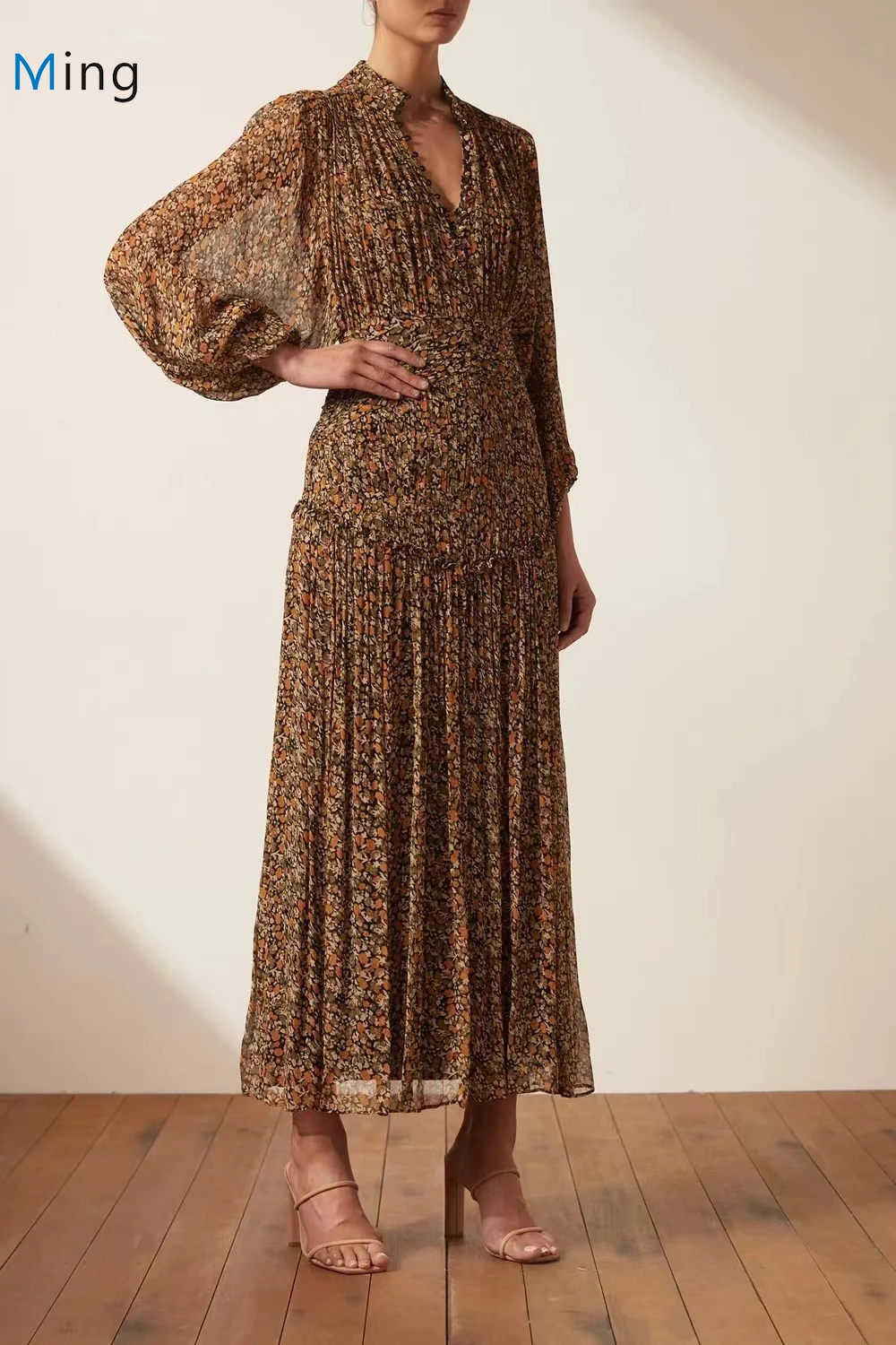 

Women V Neck Long Lantern Sleeve Floral Print Maxi Long Pleated Rayon Dress