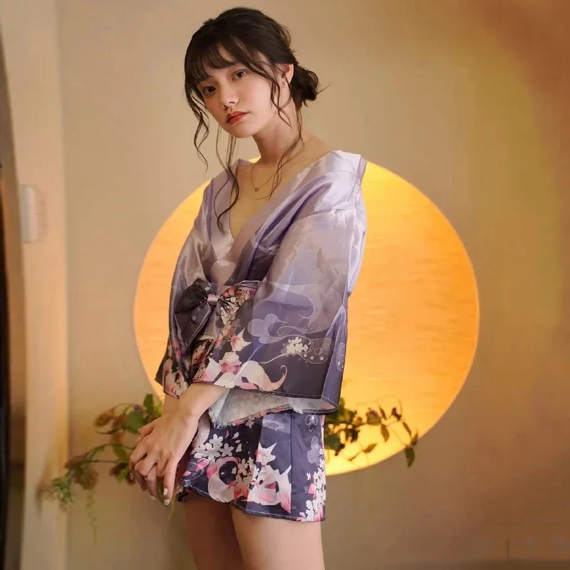 Супер сексуальное фиолетовое японское кимоно пижама халат юката кардиган нижнее