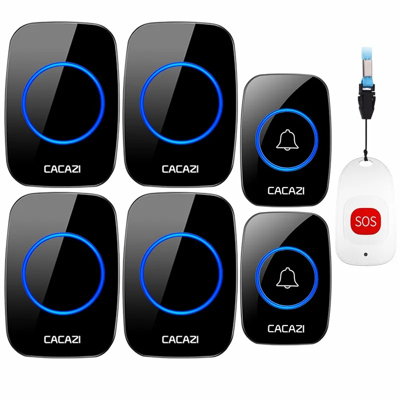 

CACAZI Smart Home Wireless Pager Doorbell Old man Emergency Alarm 80m Remote Call Bell US EU UK Plug 2 Button 1 Pager 4 Receiver