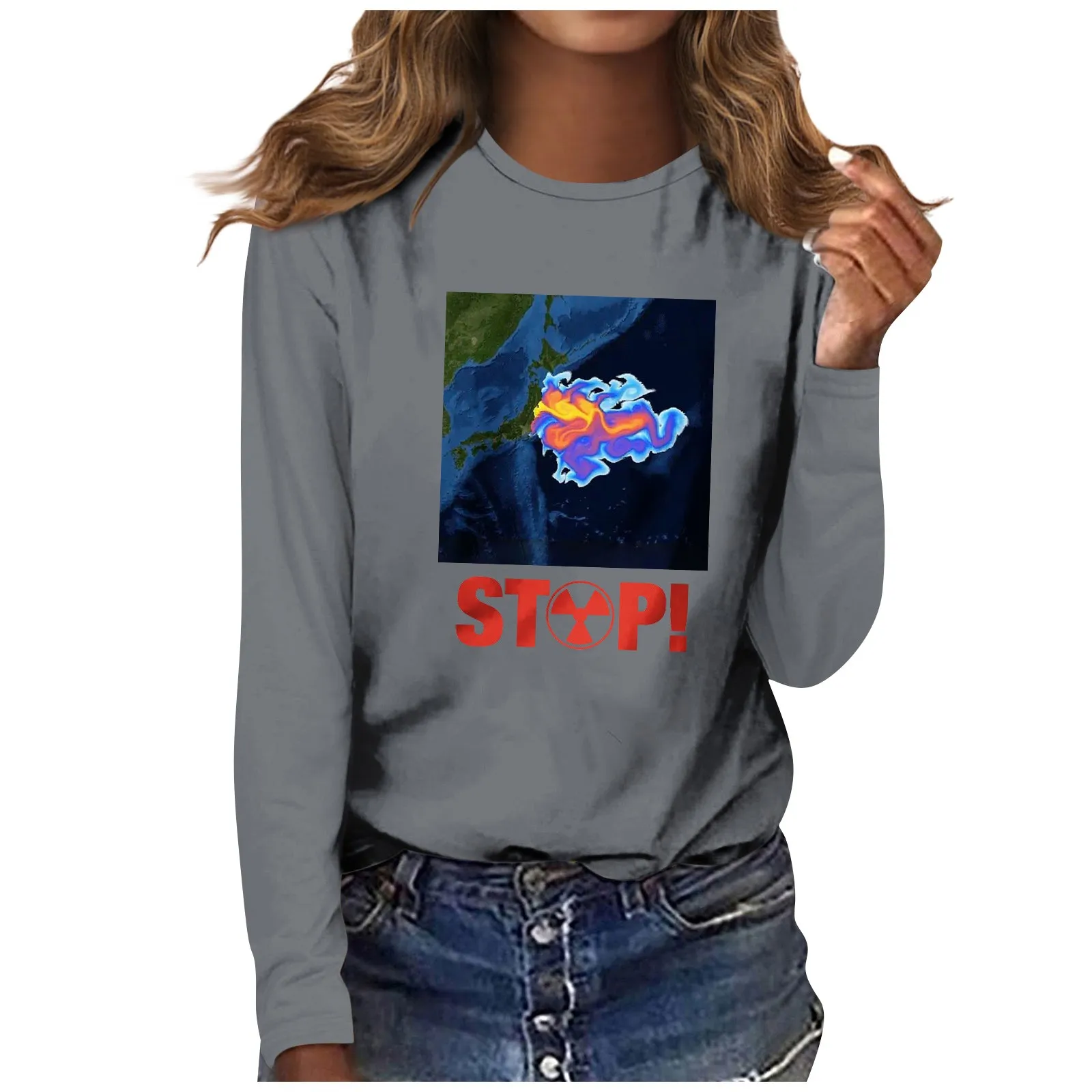 

Women'S Fashion Casual Long Sleeve No Nuclear Pollution Print Round Neck Pullover Top Blouse Женская футболка Camiseta De Mujer