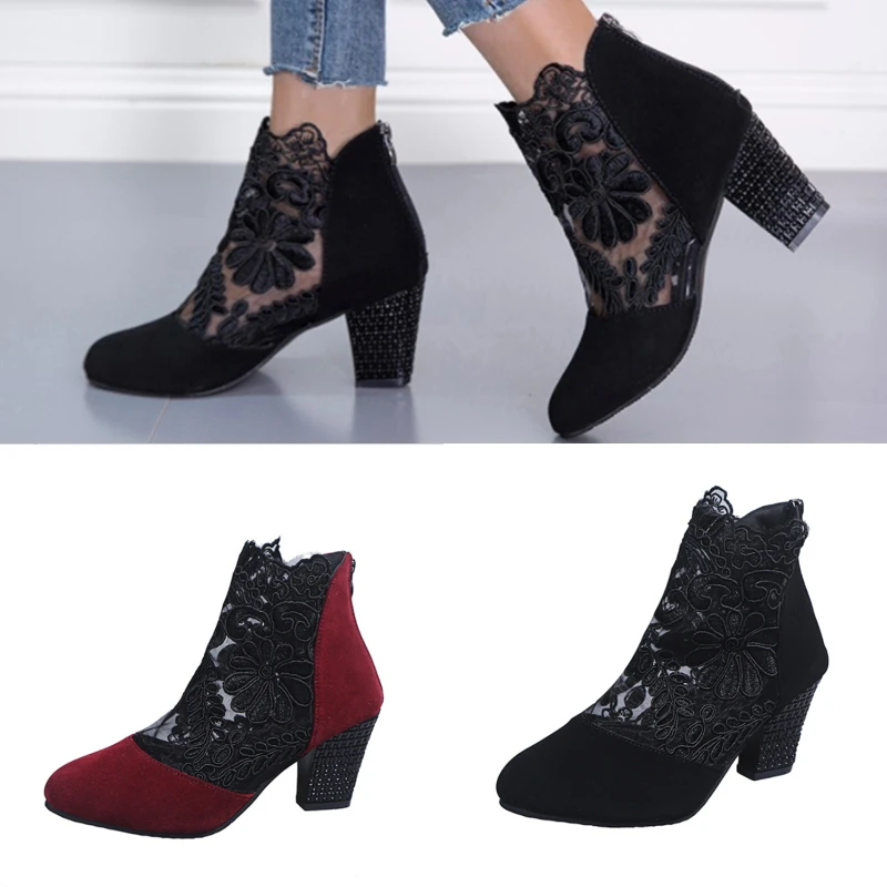 

2022 Fashion Basic Sandals Boots Women Mid Heels Pumps Sexy Black Lace Jacquard Hollow Out Mesh Zipper Party Shoes Sandals