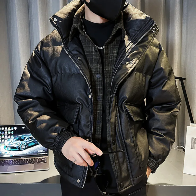 Корейский стиль однотонная искусственная кожа толстая клетчатая кожаная куртка