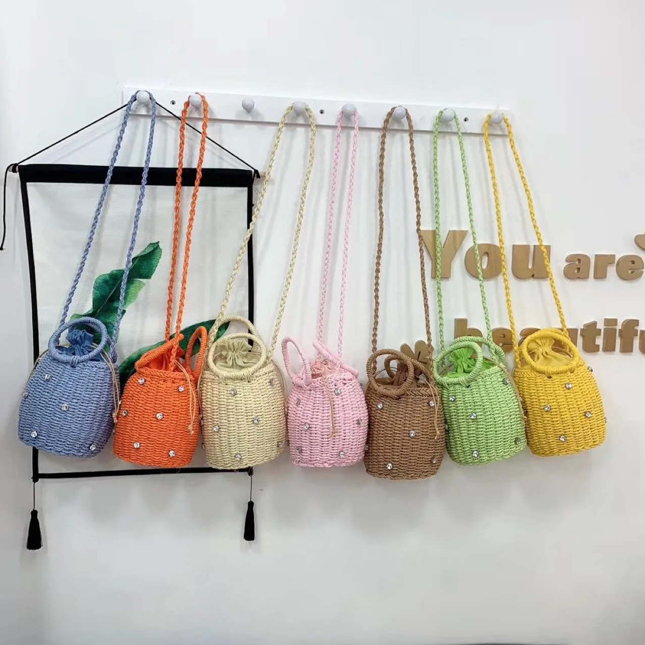 

Casual Colorful Straw Bucket Bag Design Diamonds Rattan Women Handbags Sumer Beach Small Tote Paper Woven Shoulder Crossbody Bag