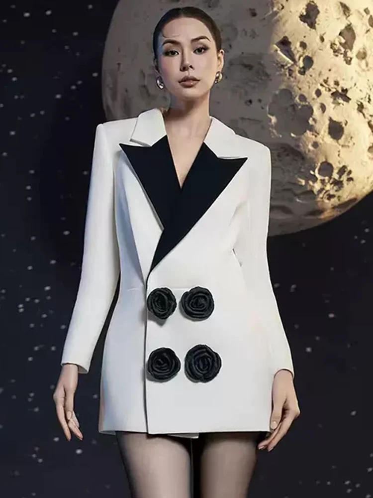 Женский двубортный пиджак в стиле ретро дизайнерский контрастных цветов с