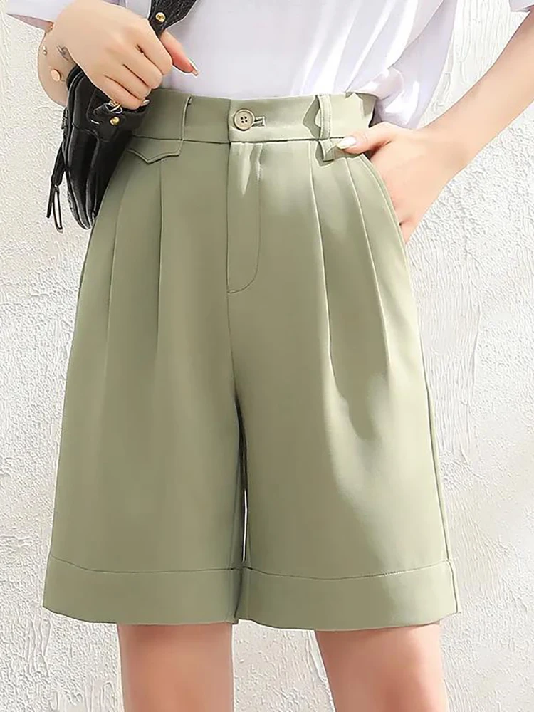 Summer Green Shorts Women High Waist Straight Knee-length Shorts for Women with Pocket Wide Leg Casual Short Pants Ladies Office