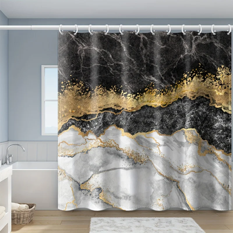 Набор штор для ванной комнаты с абстрактным черным золотым мраморным узором и