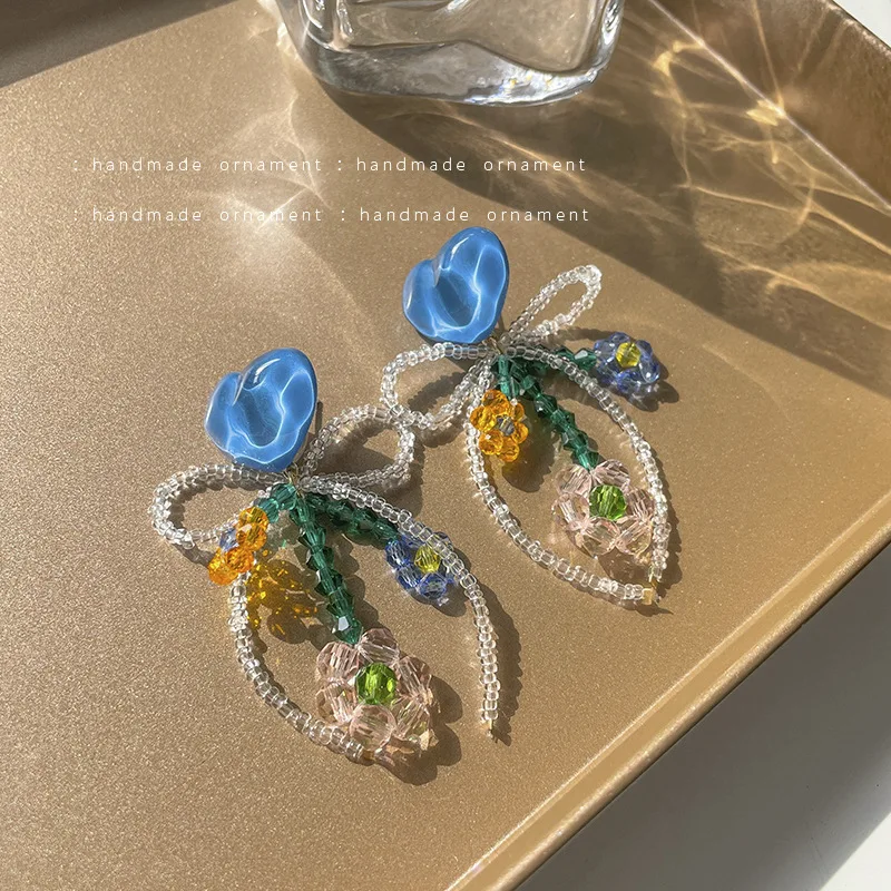 

2022 New European Fashion New Fresh Blue Heart Bow Fringe Earrings For Women Korean Fashion Jewelry Design Personalized Earrings