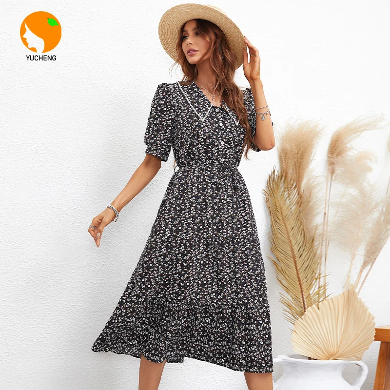 

YUCHENG Summer Dress Women Casual Clothing Short Sleeve Print Party Midi Dresses Urban Office Elegant Floral Long Female Dress