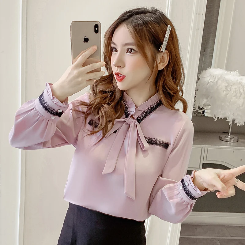 

Шифоновая Свободная Женская блузка, новинка, Модный повседневный Топ с длинным рукавом и вышивкой, Кружевная летняя блузка с бантом