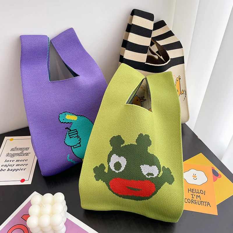 Cartoon Knit Handbags for Women Japanese Mini Wrist Bag Female Casual Wide Stripe Plaid Tote Bag Student Reusable Shopping Bags