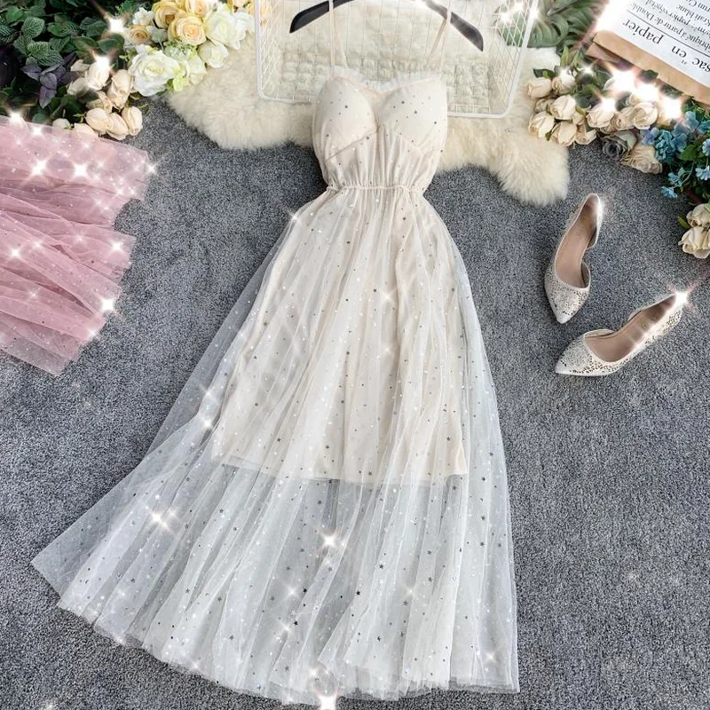

Fairy 2021 Summer Women Sequined Stars V-neck Party Dress Mesh Patchwork Long Dress Ladies Vestidos Sexy Spaghetti Strap Dresses
