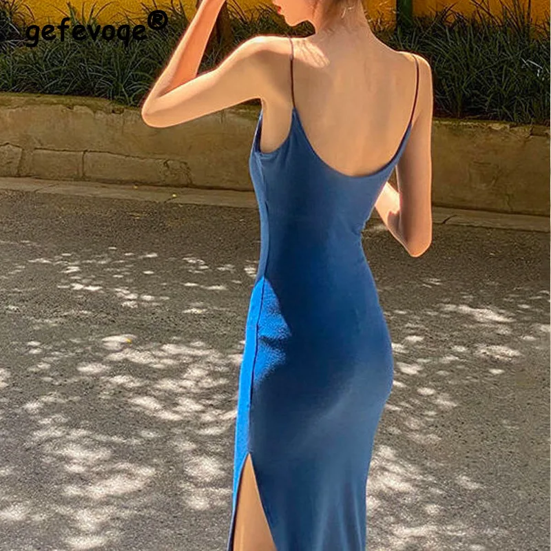 

Spaghetti Strap Sexy Low Cut Backless Split Bodycon Blue Black Party Club Dresses for Women Summer Basic Beach Midi Dress Robes