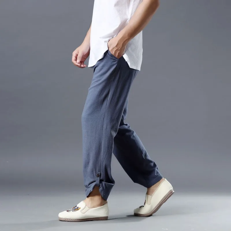 

Ropa De Hombre 2022 Summer Men's Curling Pants National Style Linen Casual Pants Elastic Waist Solid Color Nine-point Trousers