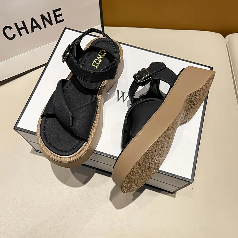 Black Platform Sandals Soft All-Match Med Clogs With Heel Female Shoe 2023 Summer Womens Wedges Espadrilles Gladiator Medium Thi