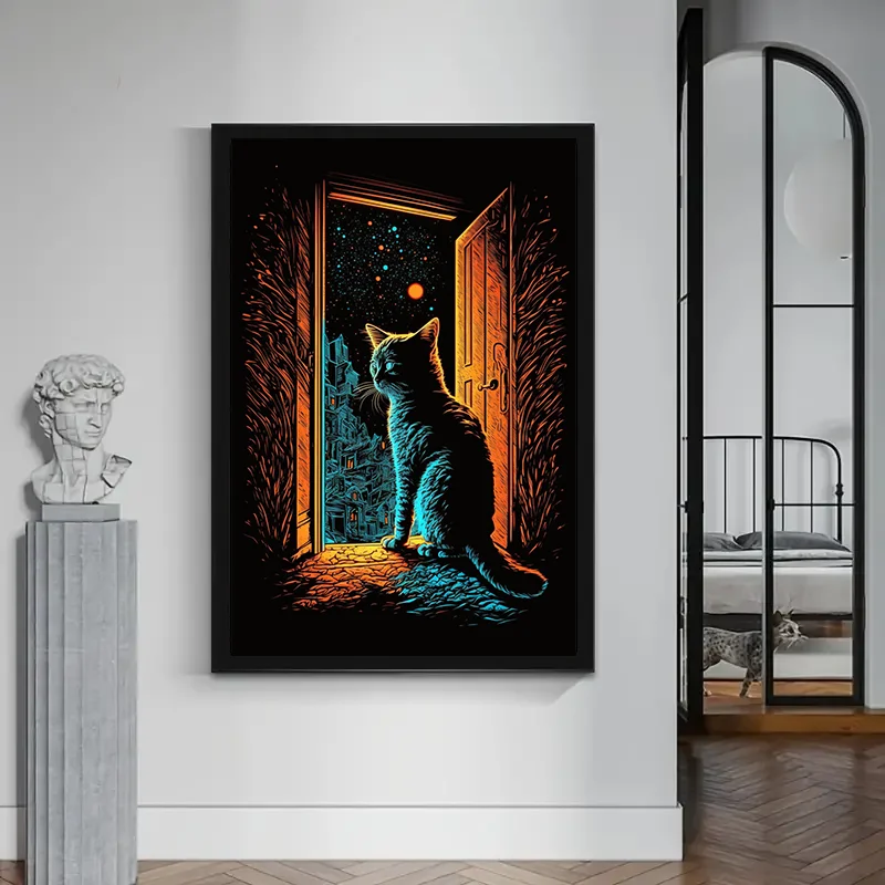 Cat In A Dark Room With Bright Lights Art Poster Wall Painting Creativity Poster For Bed Room Decor