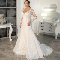 elegant mermaid ivory wedding dresses lace plus size wedding gowns long sleeves applique bridal dresses 2022 vestido de novia
