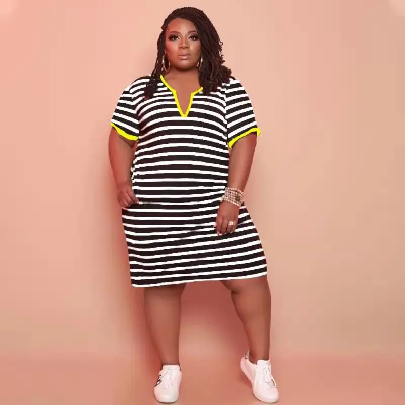 

Summer Dress Women 2022 Short Sleeve V-neck Mid-waist Printed Striped Dress Casual Loungewear Loose Oversized Midi Dress African