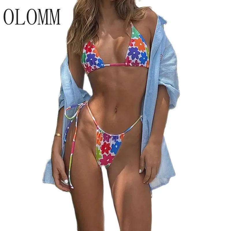 

2022 Summer New Slim Swimsuit Women's Split Sexy Bikini Digital Print Drawstring Triangle Soft Bag Beachwear Lace Up Side Ding