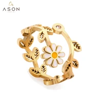 asonsteel romantic gold color stainless steel leaf shape carved ring with white flower for women jewelry accessory daily wear