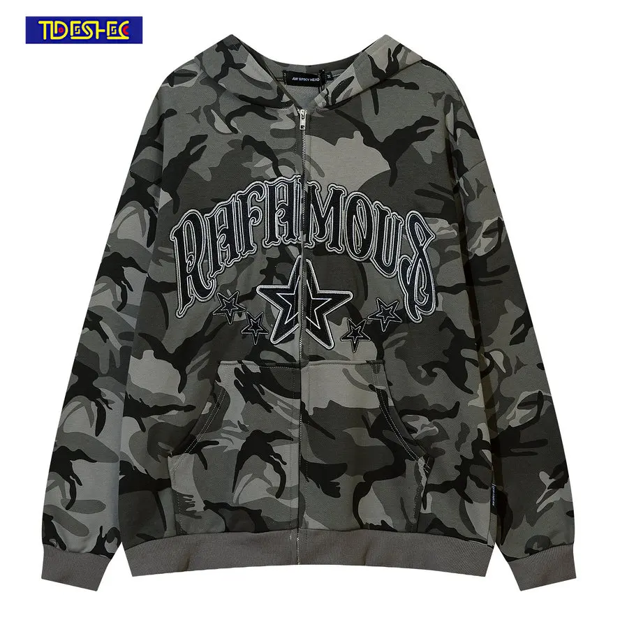 

Hip Hop Streetwear Men Hooded Camouflage Jacket Men Letter Pentagram Embroidery Jacket Coat Harajuku Cotton Jacket Outwear
