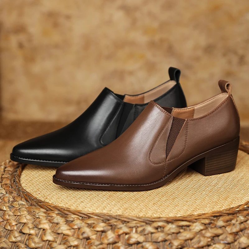 

2023 new spring women pumps natural leather 22-24.5cm length cowhide+pigskin Vintage medium heel pointed deep mouth single shoes
