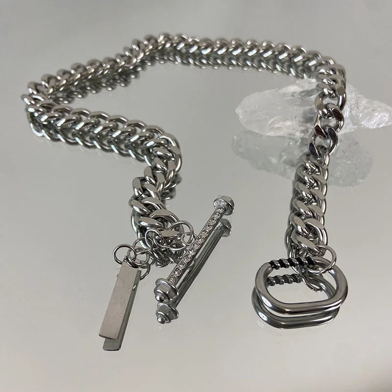 

New Hip-hop Punk Titanium Steel Fashion Cuban Chain Necklace Inlaid with Zircon Word OT Buckle Clavicle Chain