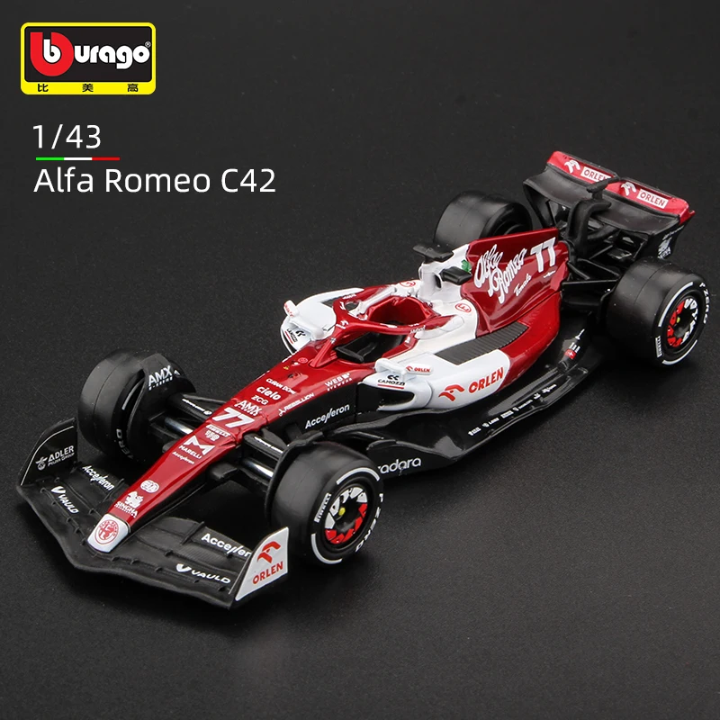 

Модель автомобиля Bburago 1:43 2022 Alfa Romeo F1 Racing Team C42 #77 Bottas из сплава, модель игрушки № 24 Guanyu Formula One, коллекционные подарки