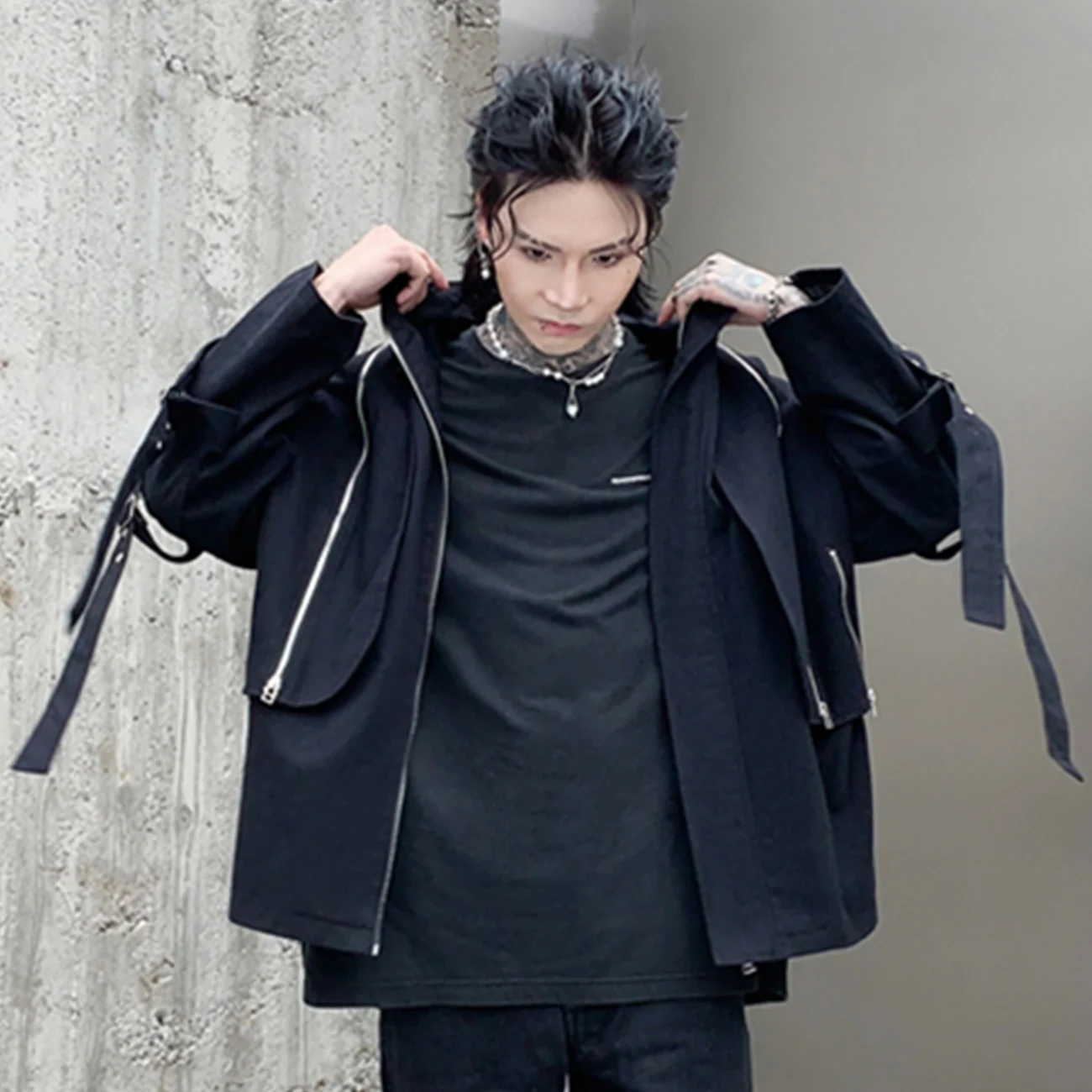 

Ribbons Zipper Hip Hop Jackets Coats Men Spring Autumn Punk Streetwear Harajuku Loose Oversized Casual Outerwear Techwear Top