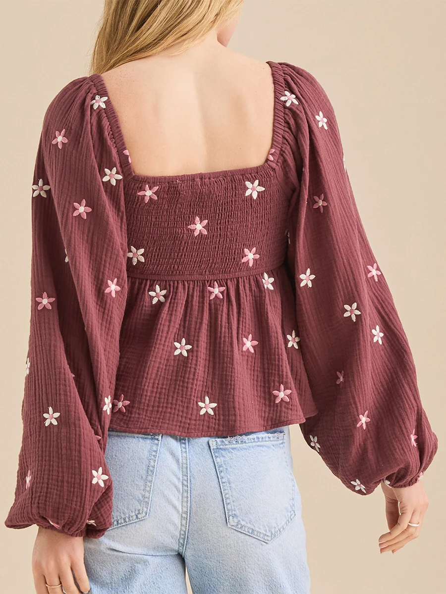 Женские модные футболки с цветочной вышивкой длинные рукава воздушным шаром