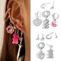 harajuku cartoon bear silver color drop earrings set for women new crystal geometric statement earring y2k jewelry accessories