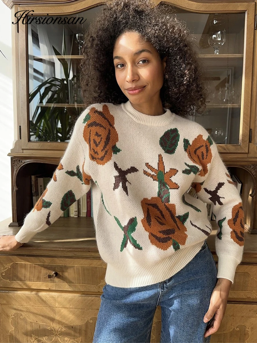 Зимний женский свитер Hirsionsan 2024 базовые вязаные пуловеры оверсайз с цветочным