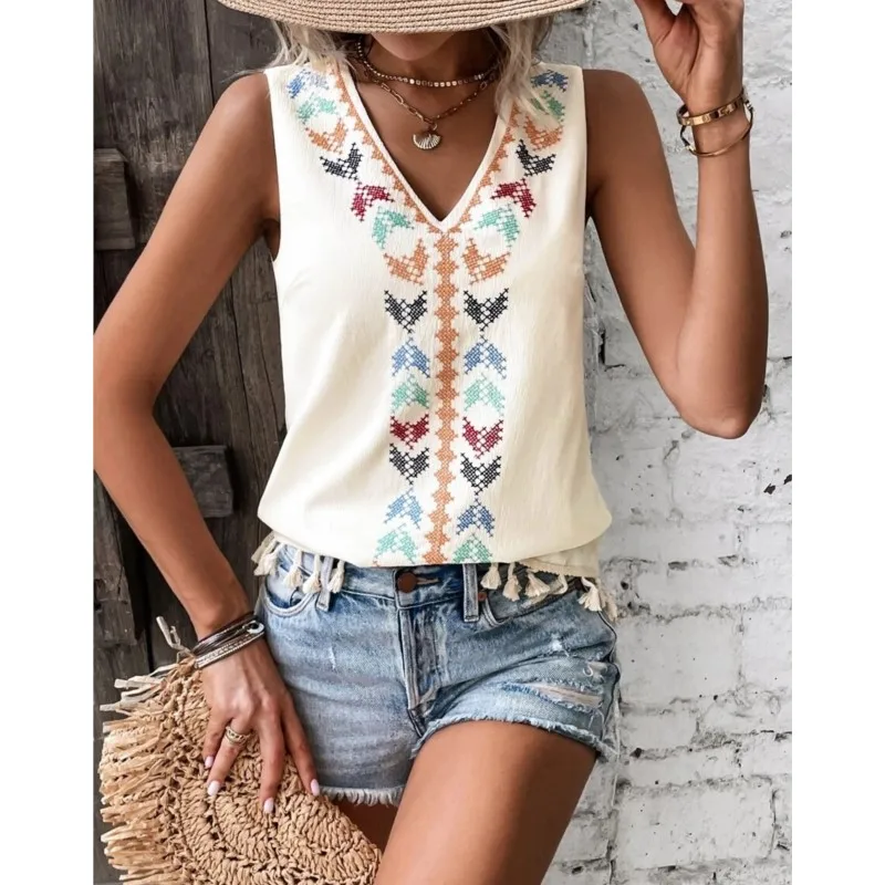 Женские блузки в стиле бохо летняя винтажная майка с кисточками без рукавов