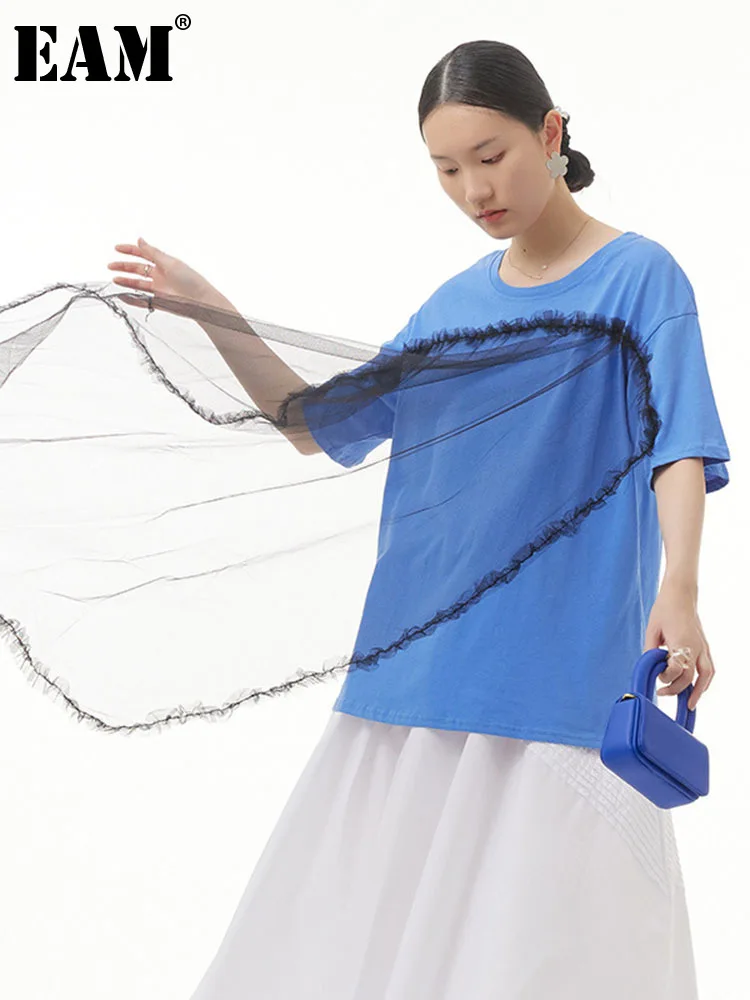

[EAM] Женская Черная Асимметричная Длинная Элегантная футболка с круглым вырезом и коротким рукавом, модная свободная футболка весна-лето 2023 1DF9216