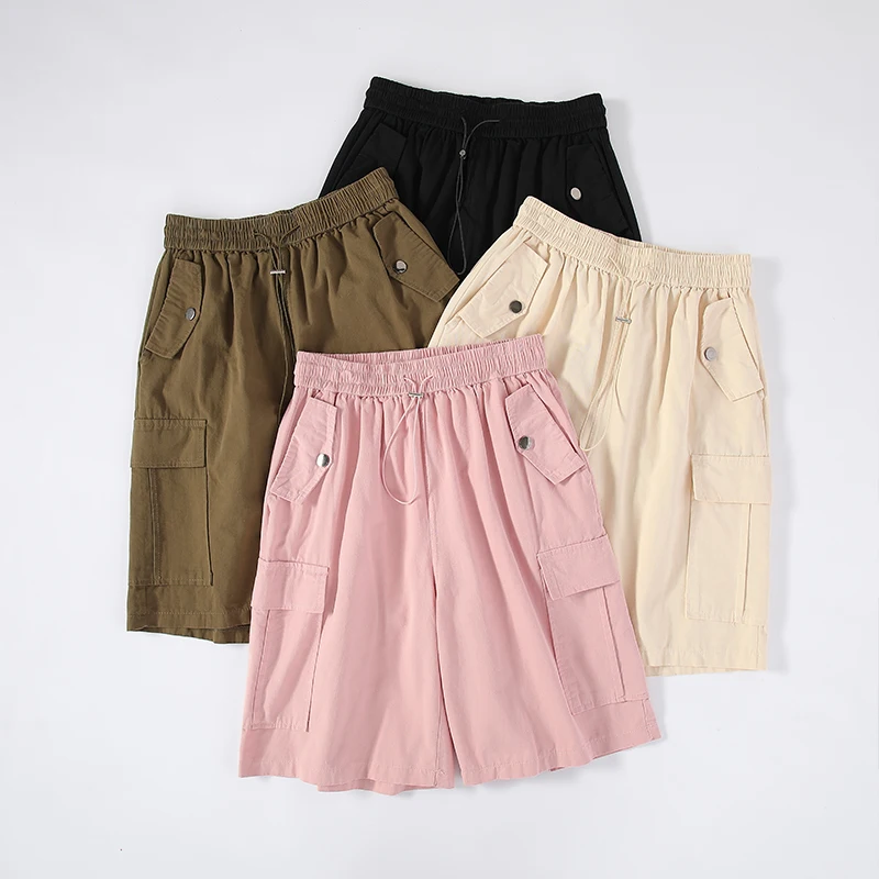DFRCAEG 2023 Summer Wide Leg Cargo Shorts For Women High Elastic Waist Big Pockets Loose Half Length Pink Black Shorts Female