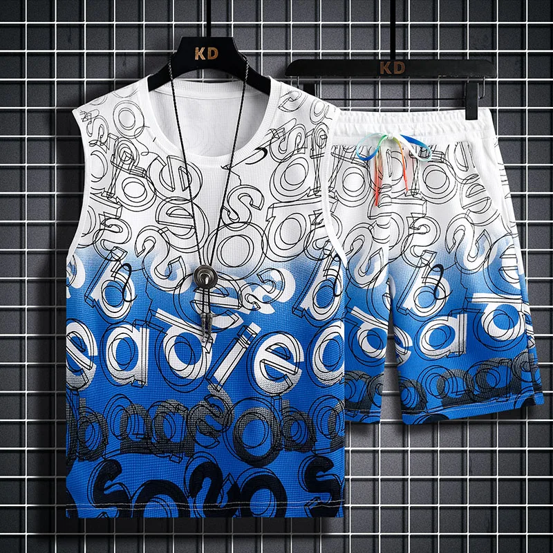 Waffle Sleeveless Suit T-shirt Men's Summer Basketball Vest Waistcoat Fitness Sports Student Shorts Summer Suit