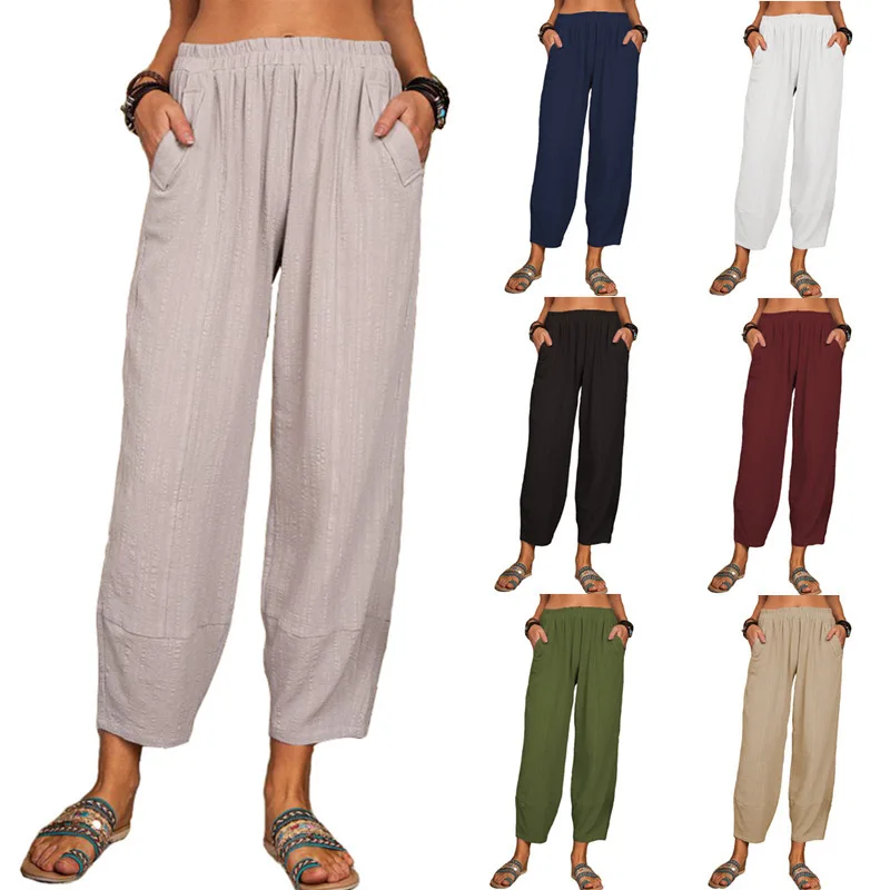 2022 Spring and Autumn Women's Fashion Casual Solid Color Loose Cotton and Linen Casual Pants Home Harlan Ankle-length Pants