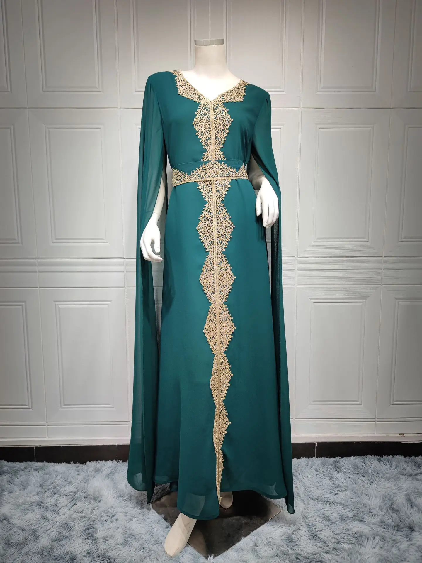 Women Djellaba Arab Muslim Long Dress Chiffon Dubai Abaya Women Braid Batwing Moroccan Kaftan Saudi Jalabiya Ramadan Robe Cape