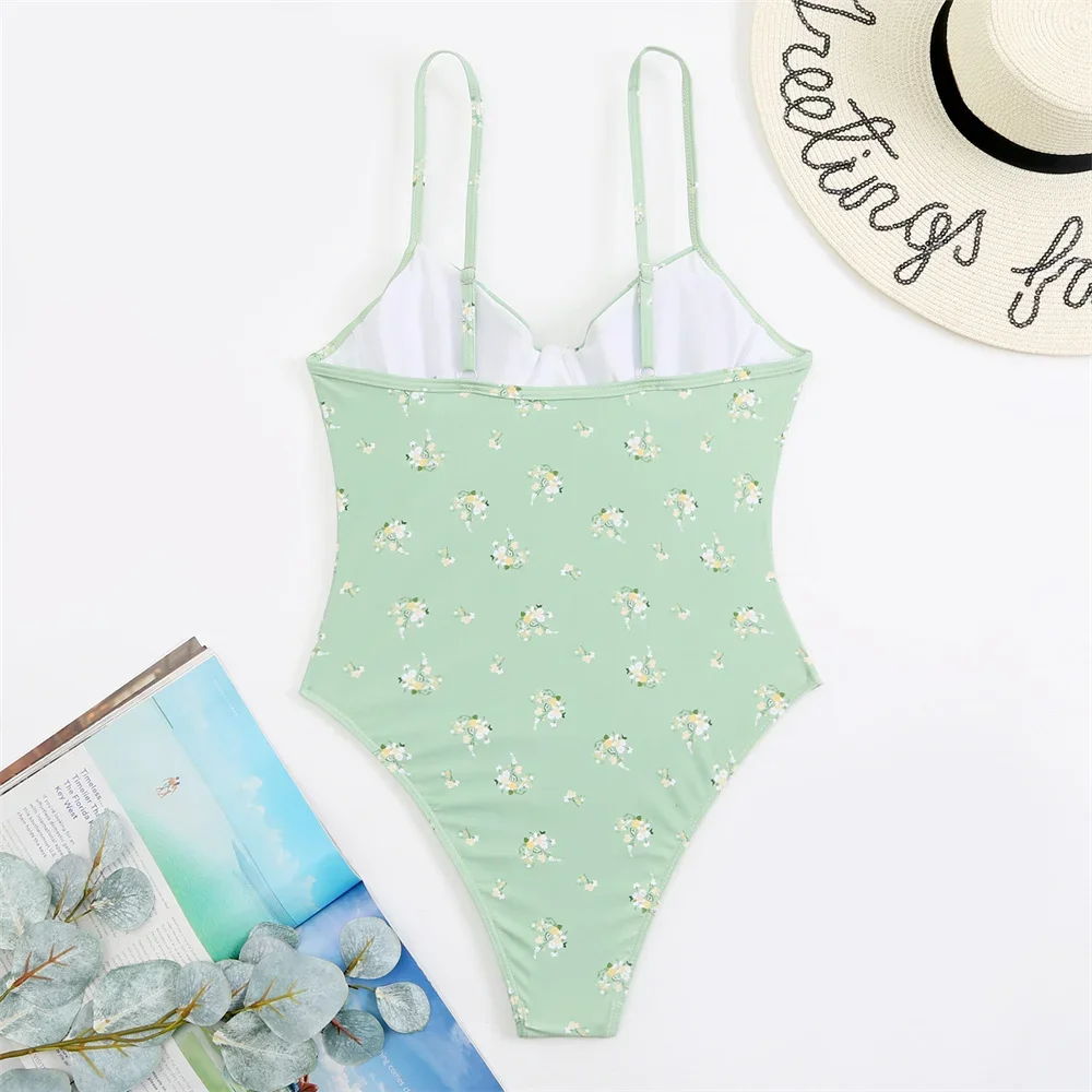 Бикини пуш-ап женское с завышенной талией и цветочным принтом