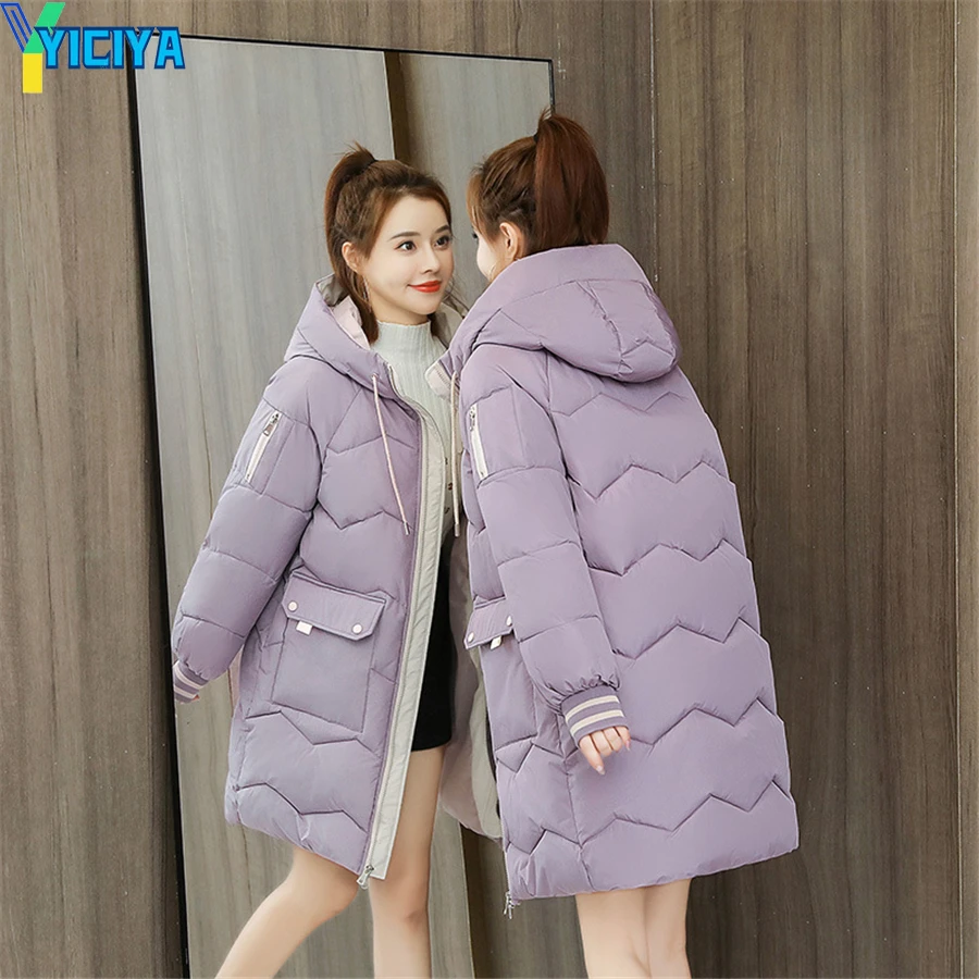 YICIYA Winter Parkas 2023 Woman Hooded Mid-length Cotton Padded Coat Women Loose Thicken Jackets Fluffy Overcoat Solid Outwear