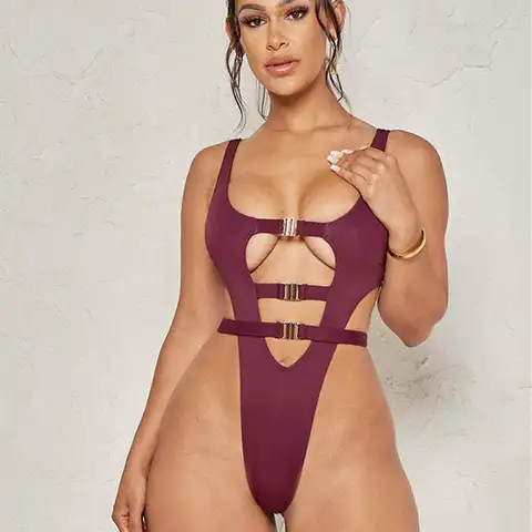 2023 Summer Women's Swimsuit Sexy Hollow Straps Solid Color One-Piece Ladies Bikini High Elastic Swimming Sports Beach Swimsuit