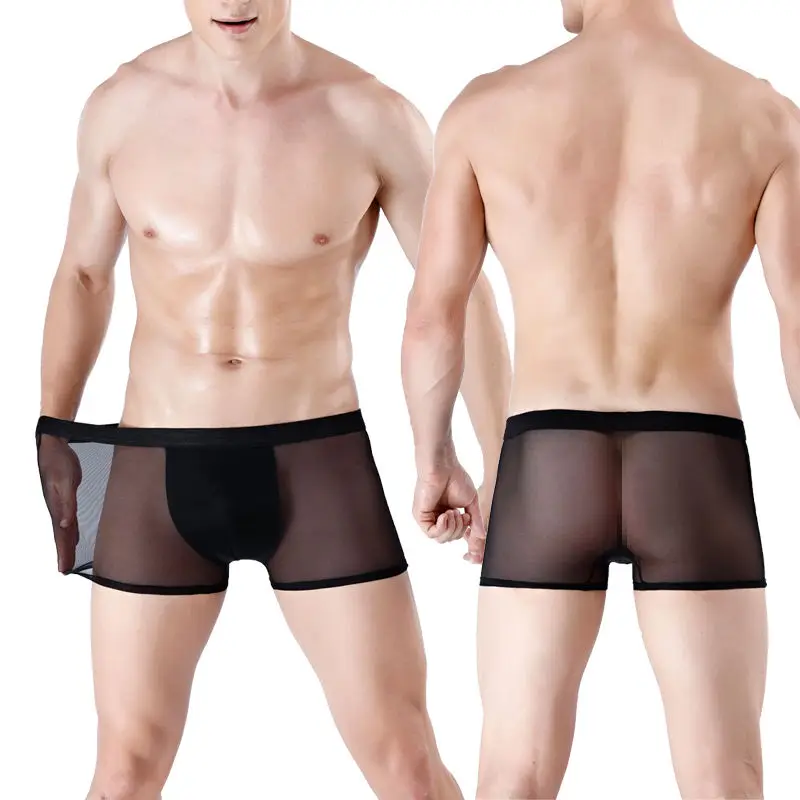 

L-3XL Men's Underwear Full Transparent Sexy Ultra-thin Seamless Perspective Boxer Briefs Mid Waist Mesh Ice Silk Pants Boxers