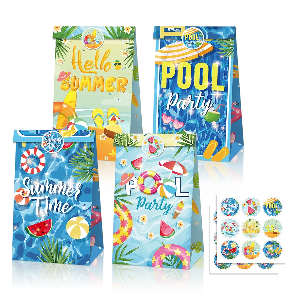

LB166 12pcs Summer Hawaii Swimming Pool Beach Happy Birthday Party Paper Gift Bag Kids Baby Shower Party Decorating Kraft Bags